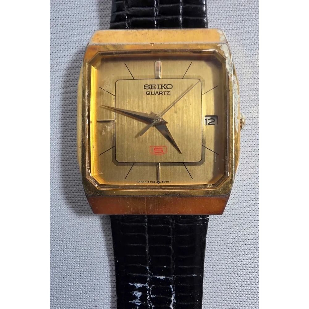 Seiko 5 Tank Watch Women 21mm Champagne Dial Gold Tone Date 5Y02-5010 Japan